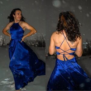Val Stefani Sapphire Blue Satin Prom Dress